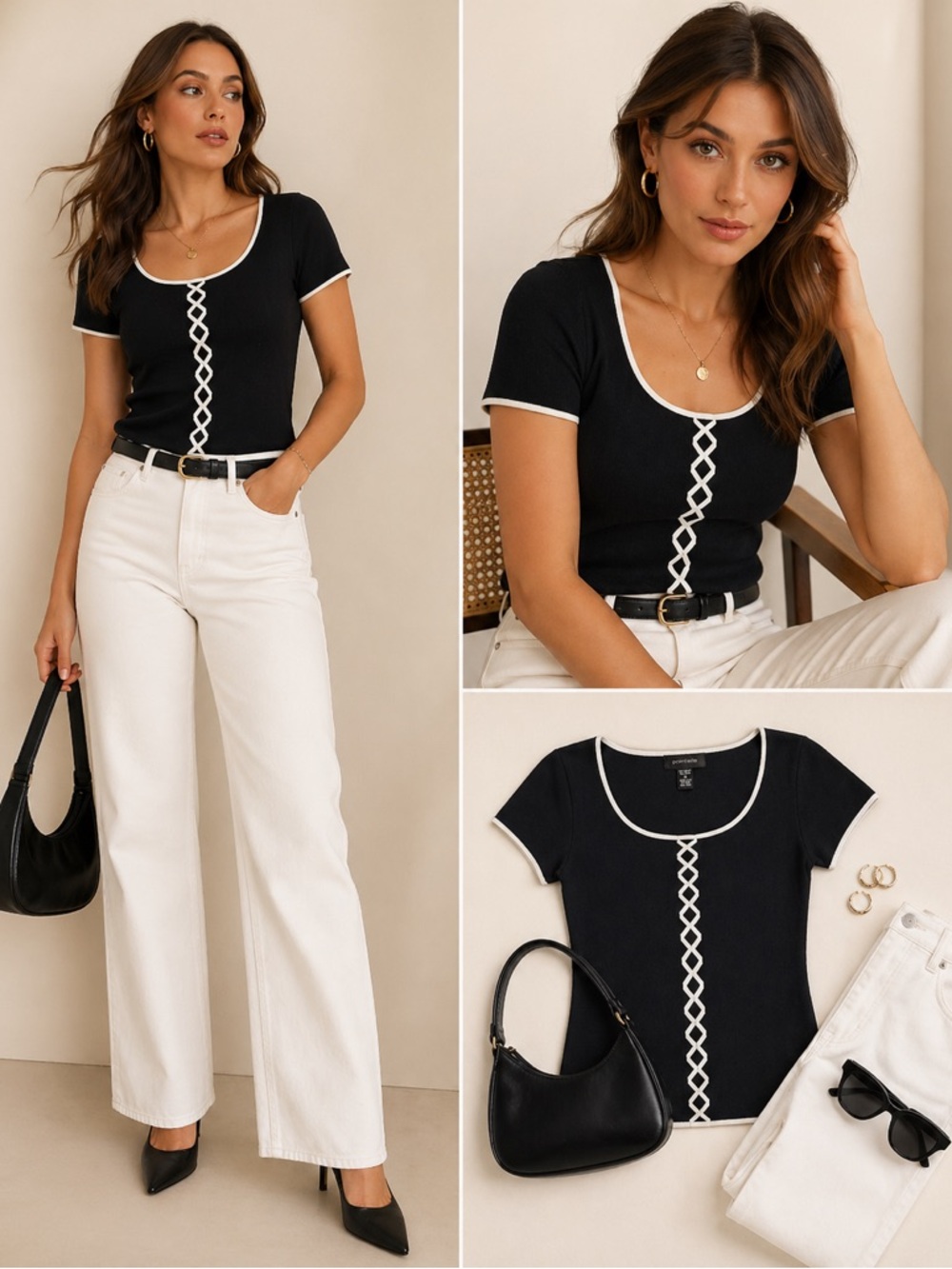 Pointelle Black Knit Top White Trim Lattice Lace Front Short Sleeve Women M NWOT